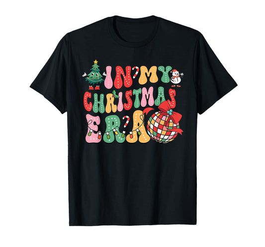 In My Christmas Era Cute Groovy Black Christmas Holiday Xmas T-Shirt - Unisex Adult, Short Sleeve, Round Neck, Size Small