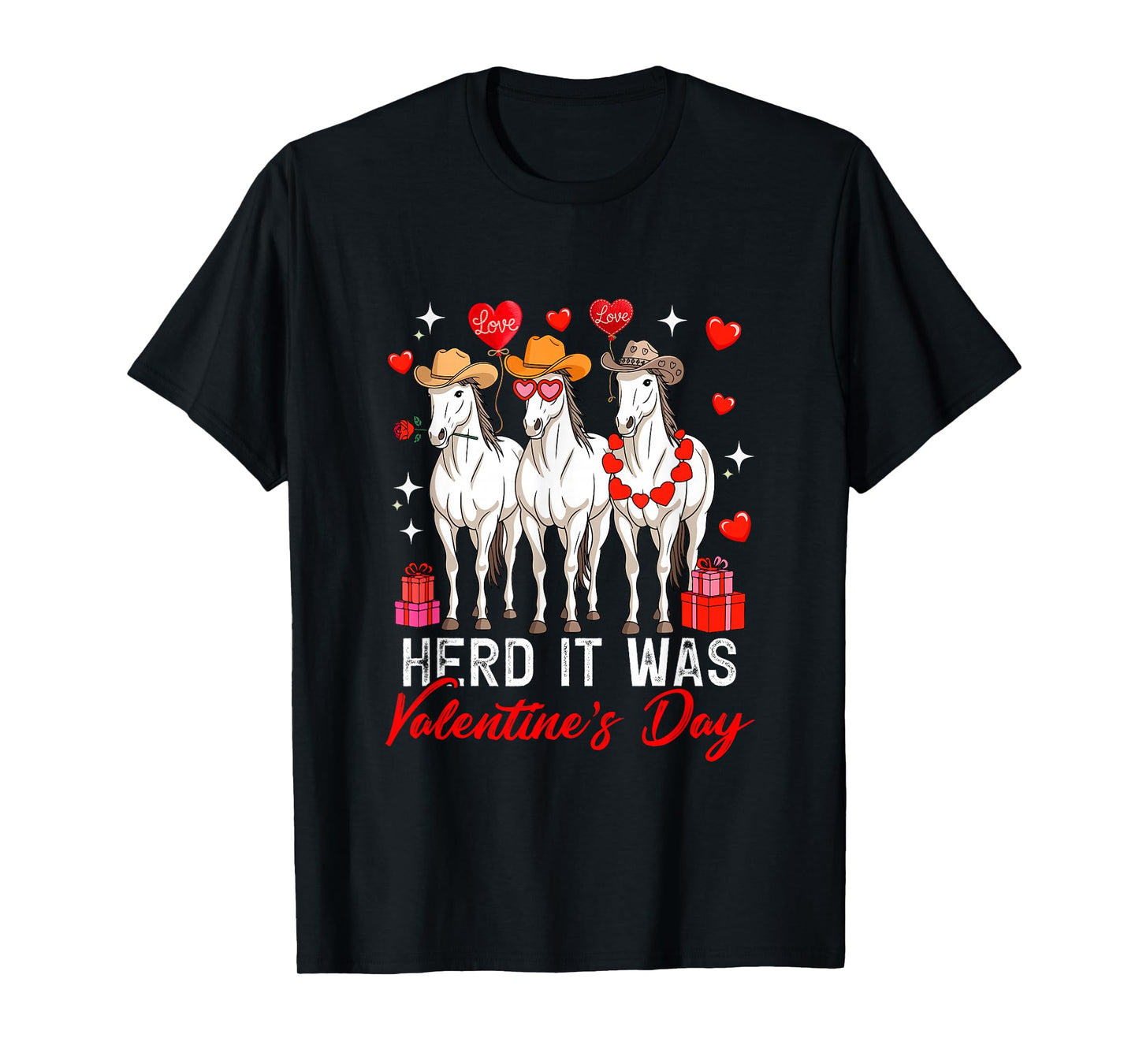 Herd It was Valentine's Day Three Cute Horses Floral Hearts T-Shirt