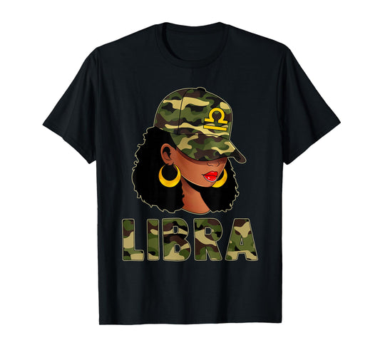 Libra Queen Camouflage Black Woman Cap Zodiac Sign T-Shirt