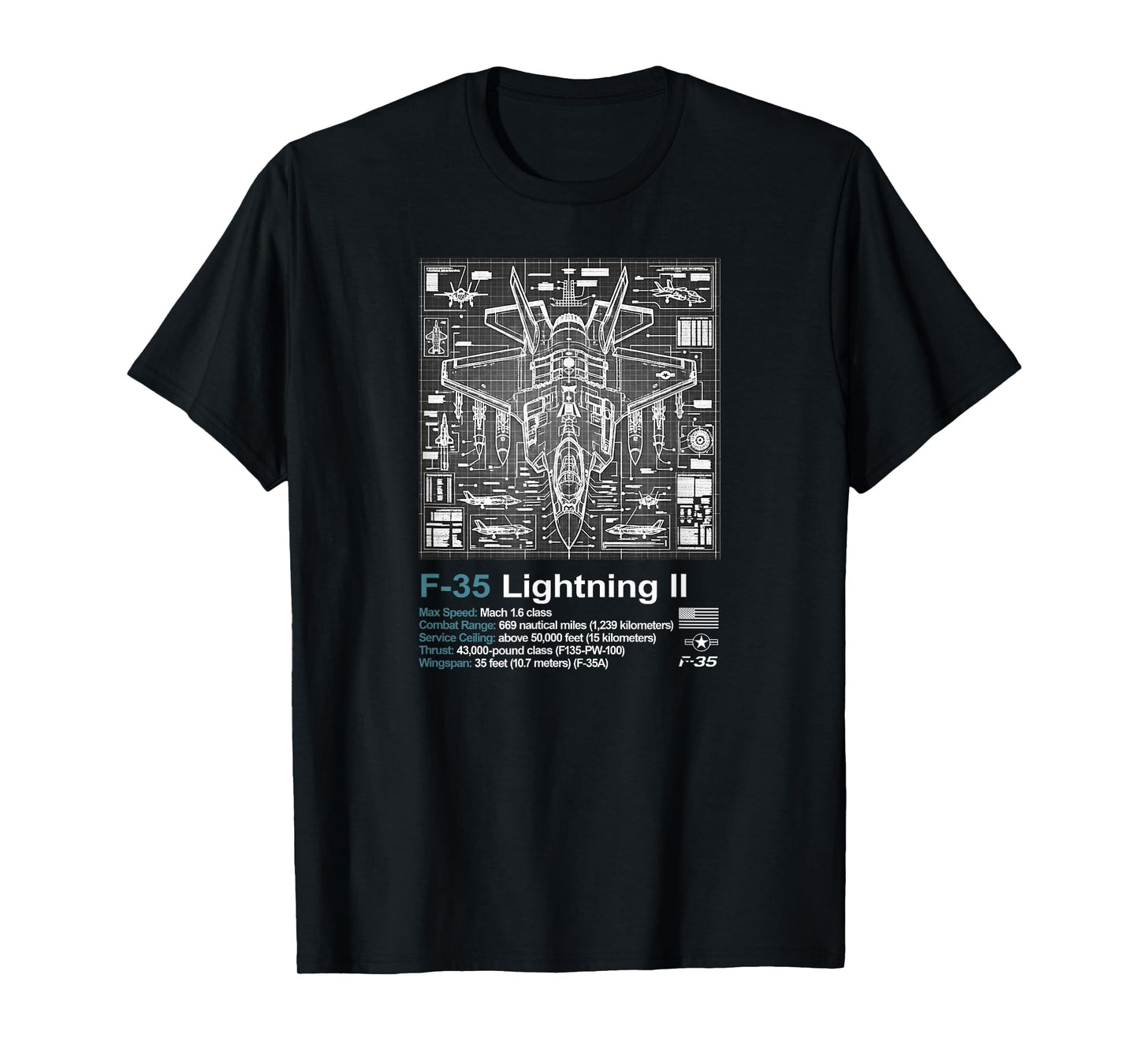F-35 Blueprint Technical Schematic - Aviation Art Graphic T-Shirt