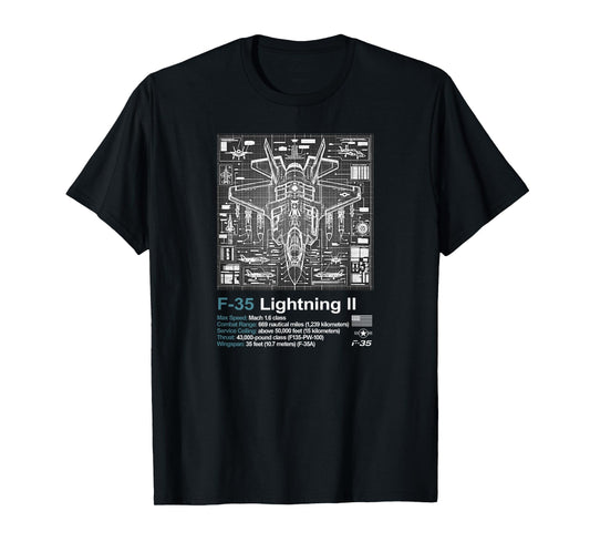 F-35 Blueprint Technical Schematic - Aviation Art Graphic T-Shirt