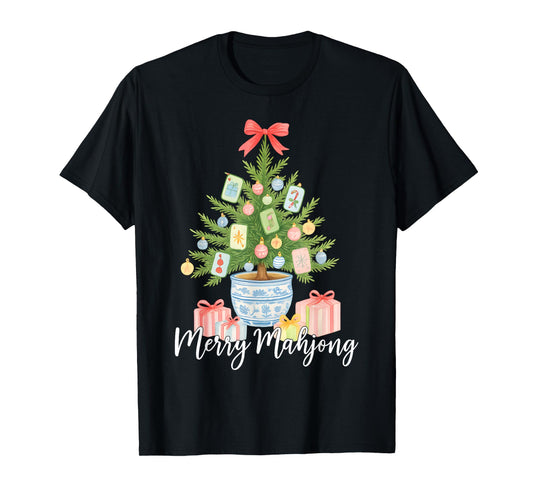 Merry Mahjong Christmas Tree Preppy Chinoiserie Mahj Party T-Shirt
