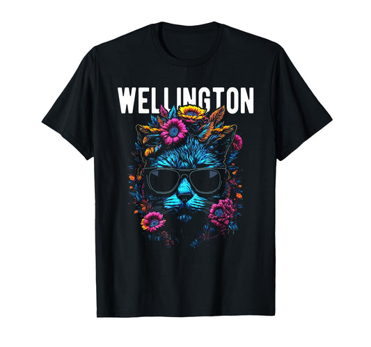 Wellington Cat Wearing Sunglasses and Flowers Design T-Shirt for Men Women Kids