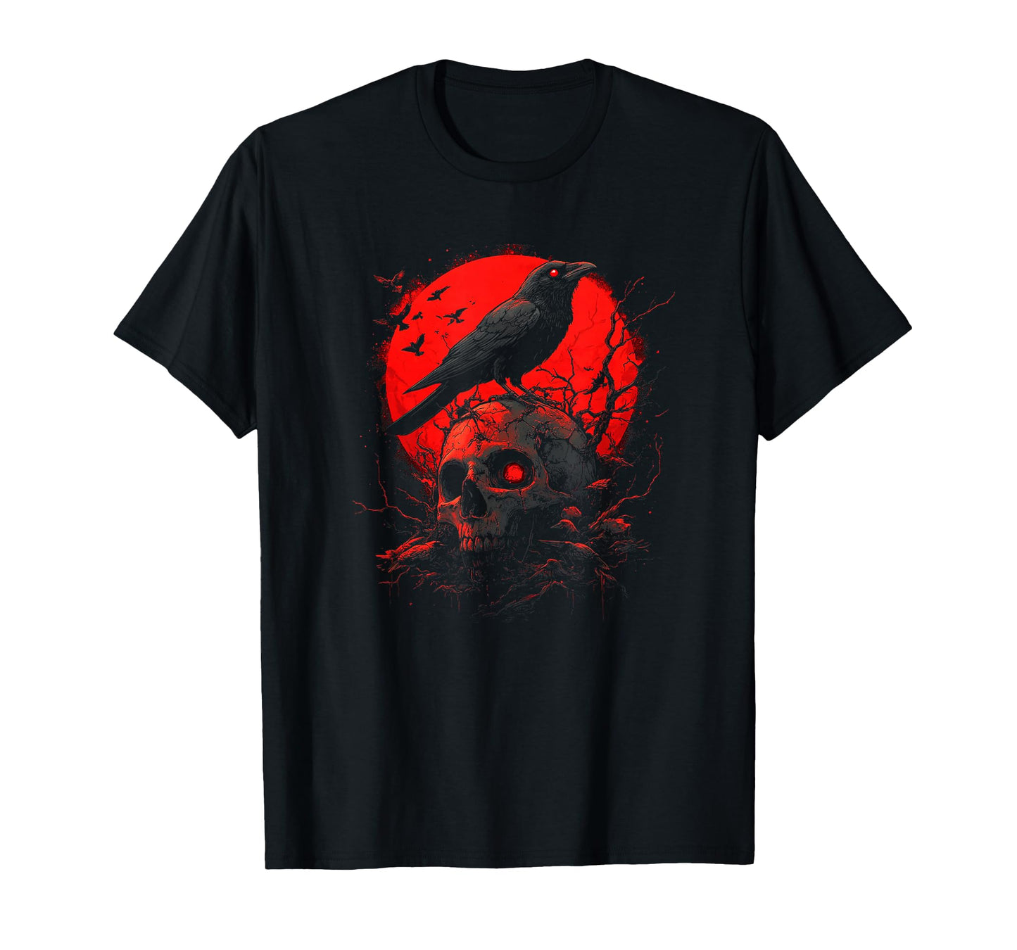 Black Gothic Raven Skull Red Moon Graphic Black Crow T-Shirt