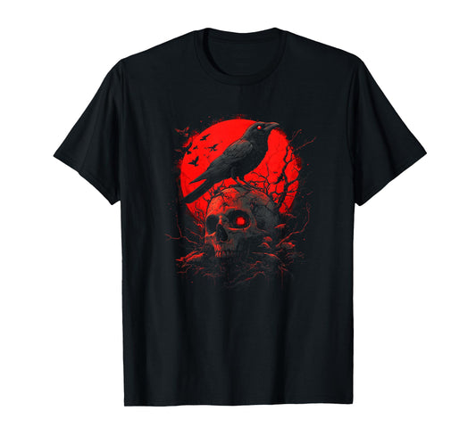 Black Gothic Raven Skull Red Moon Graphic Black Crow T-Shirt