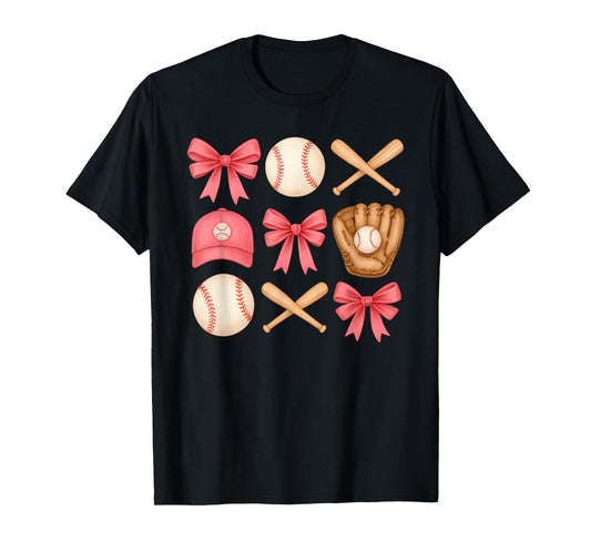 Cute Pink Baseball Bow Girl Sports Fan Softball Girl Women T-Shirt