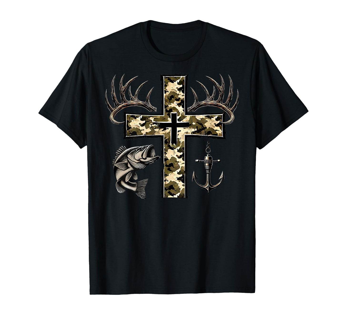 (Back) Hunting Fishing Cross Camo Faith Christian Fisherman T-Shirt