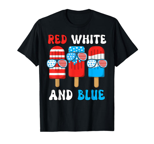 Red White Blue Popsicle 4th July Patriotic Boy American Flag T-Shirt