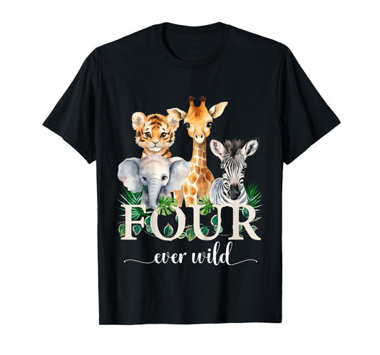 Kids Jungle Birthday Four Ever Wild Zoo Safari Party 4th Animals T-Shirt