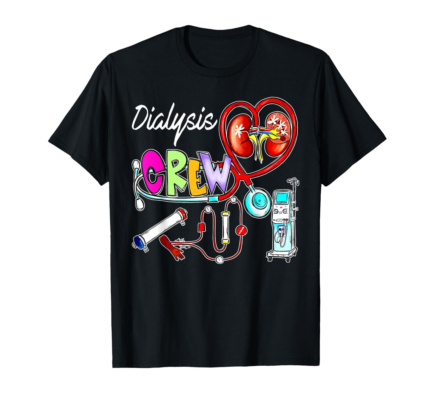 Dialysis Crew Stethoscope Heart Kidney Nephrology Technician T-Shirt, Small, Black