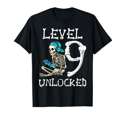 Level 9 Unlocked Skeleton Gamer Video Gaming 9th Birthday T-Shirt