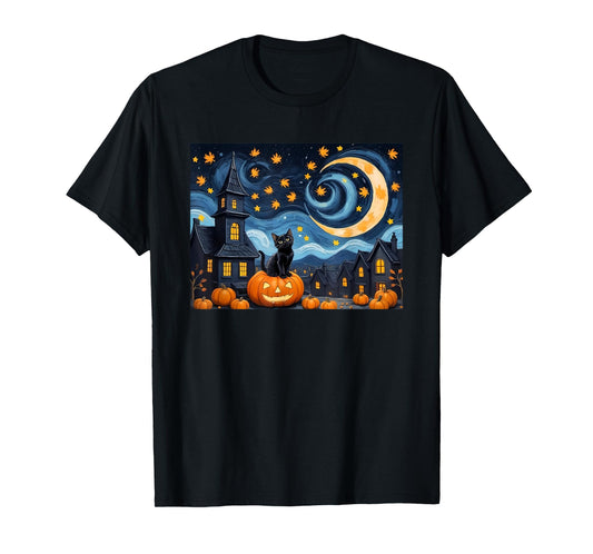 Halloween Van Gogh Starry Night Black Cat Pumpkin Vintage Men Women Kids T-Shirt
