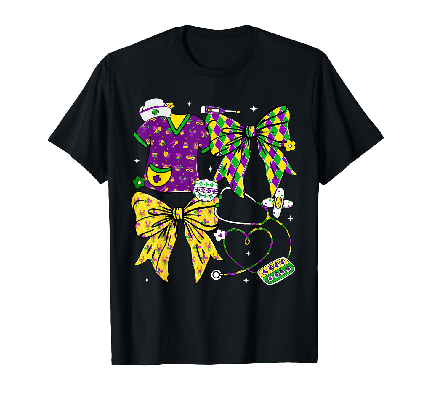 Nurse Mardi Gras Stethoscope Coquette Bow Nicu Girl Women T-Shirt