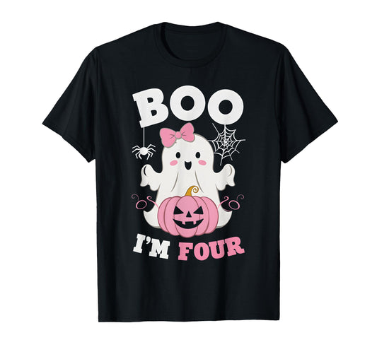 Ghost Boo I'm Four Year 4th Birthday Girls Halloween Groovy T-Shirt