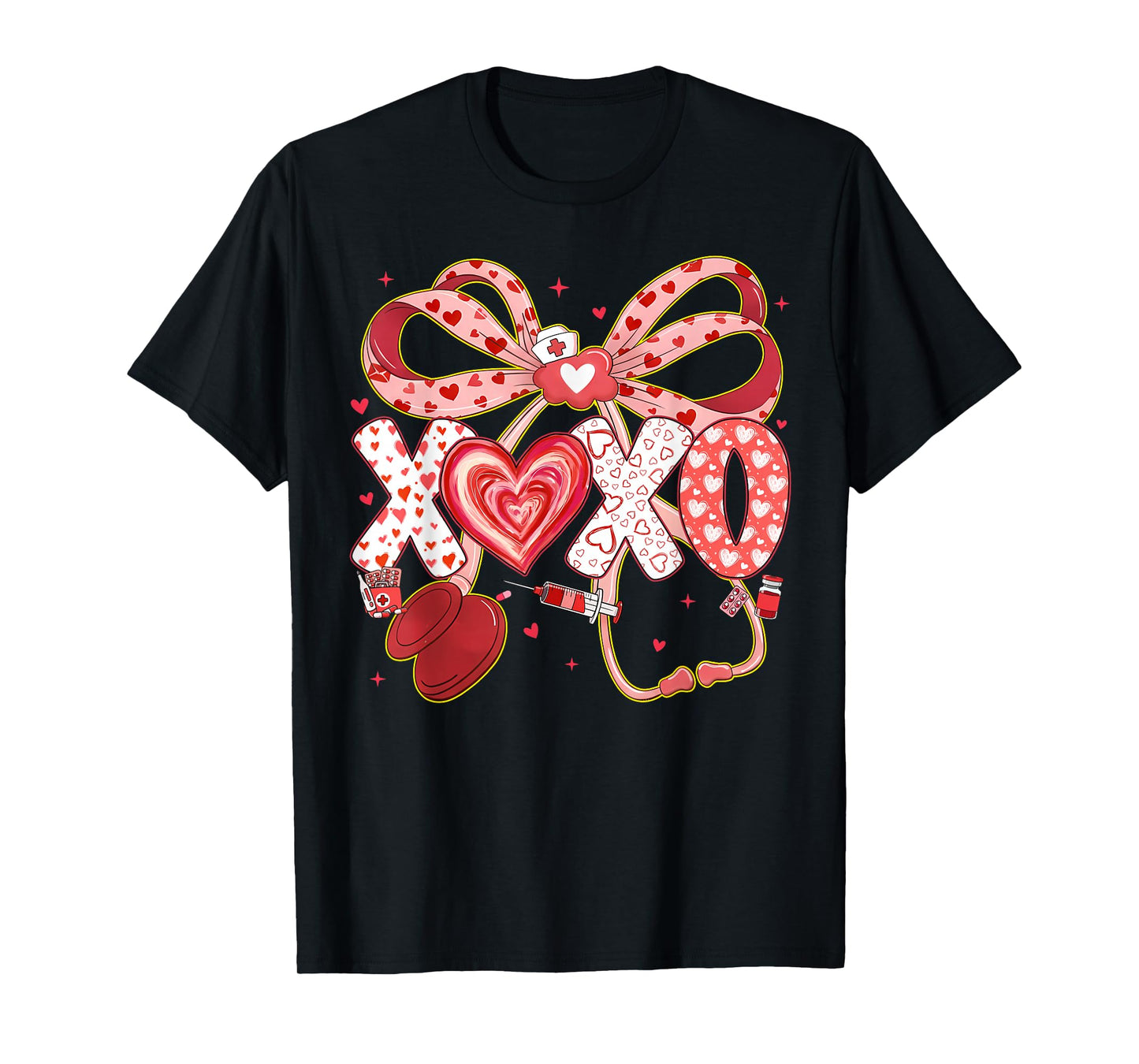 XOXO Stethoscope Valentine RN PCT CNA Nurse Red Bow Women T-Shirt