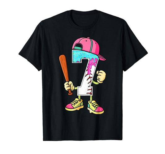 Baseball 7th Birthday Boy Ice Cream Drip 7 Yr Old Birthday T-Shirt