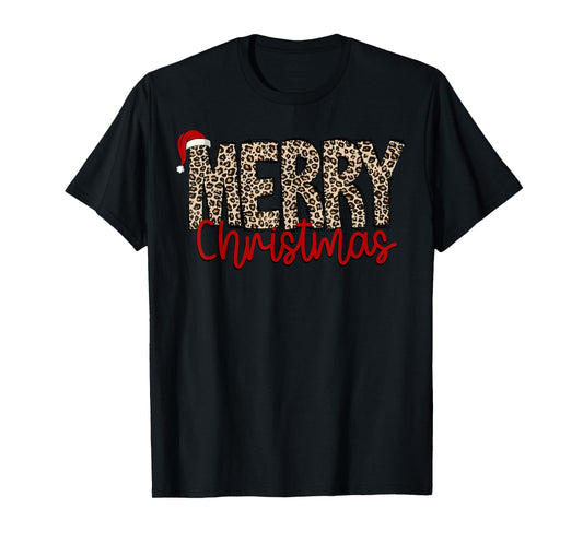 Merry Christmas Leopard Santa Hat Cheetah Print Xmas Pajamas T-Shirt