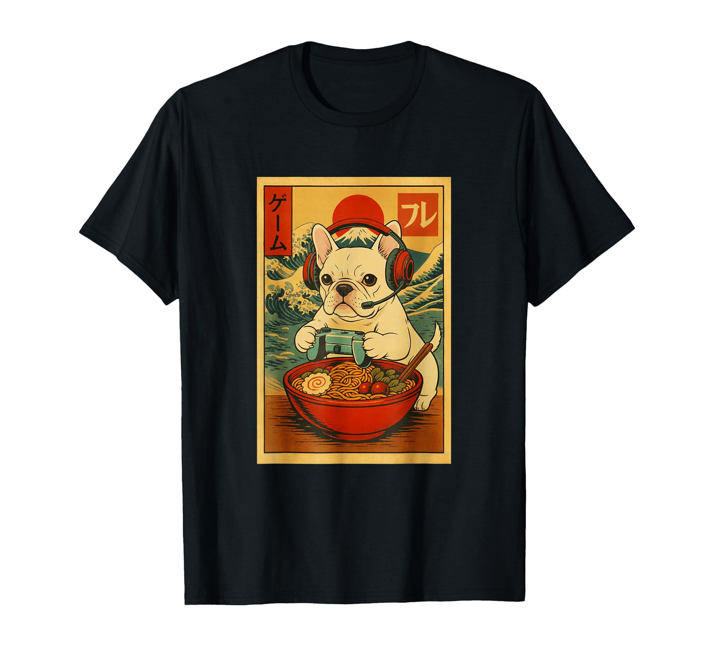 French Bulldog Dog Gaming Ramen Ukiyo-e Great Wave Retro Art T-Shirt