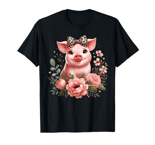 Pig With Leopard Headband Flower Cute Pig Lover T-Shirt