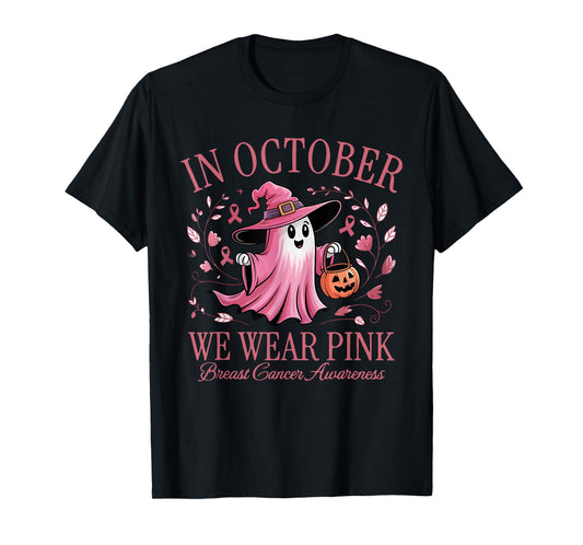 in October We Wear Pink Breast Cancer Awareness Halloween T-Shirt