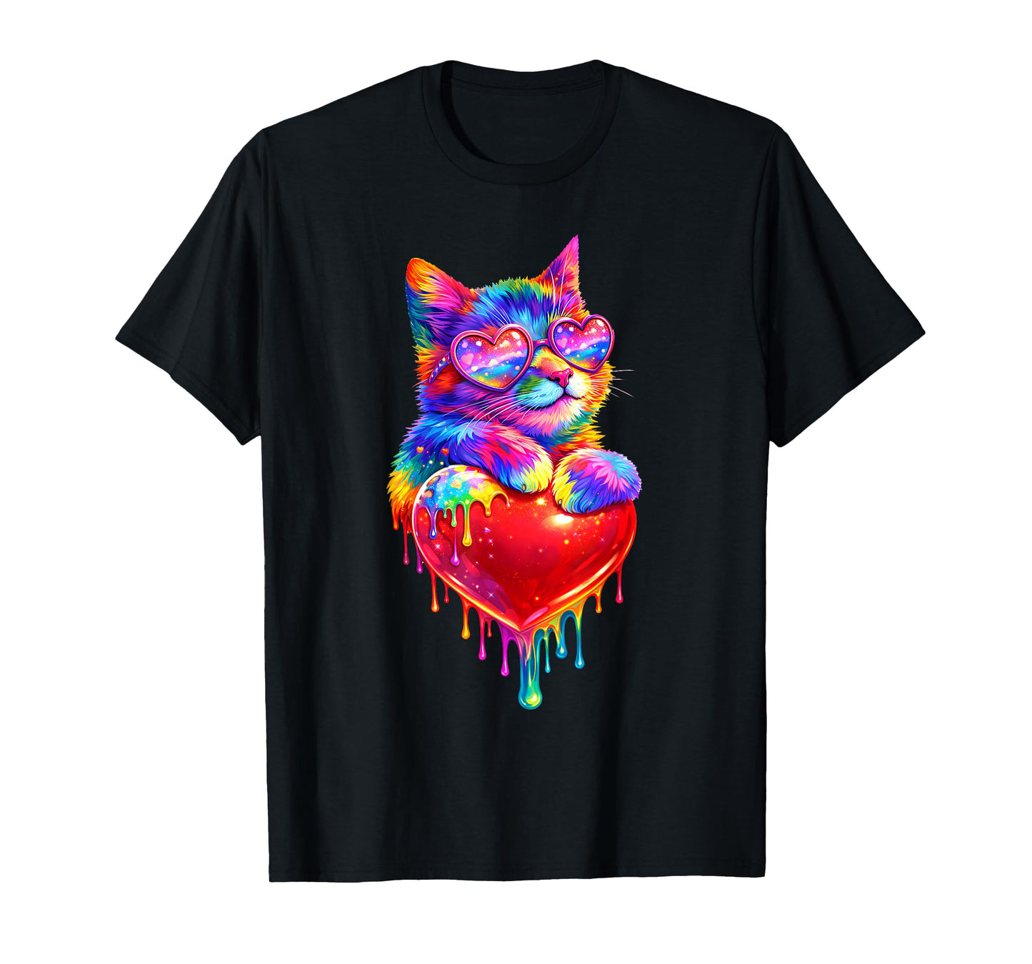 Colorful Cat Holding Heart Drip Valentines Day Kitty Meow T-Shirt