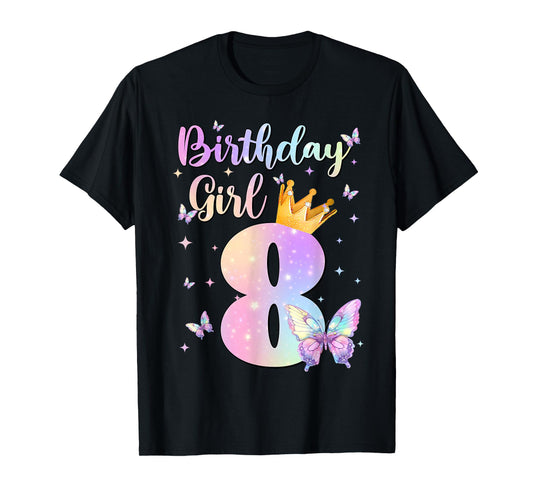 Birthday Girl 8 Year Old Butterfly Theme Party 8th Bday Kids T-Shirt