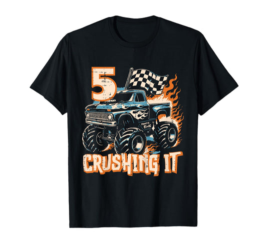 Kids 5 Crushing It Monster Truck Cool 5th Birthday Bday Boys Kids T-Shirt