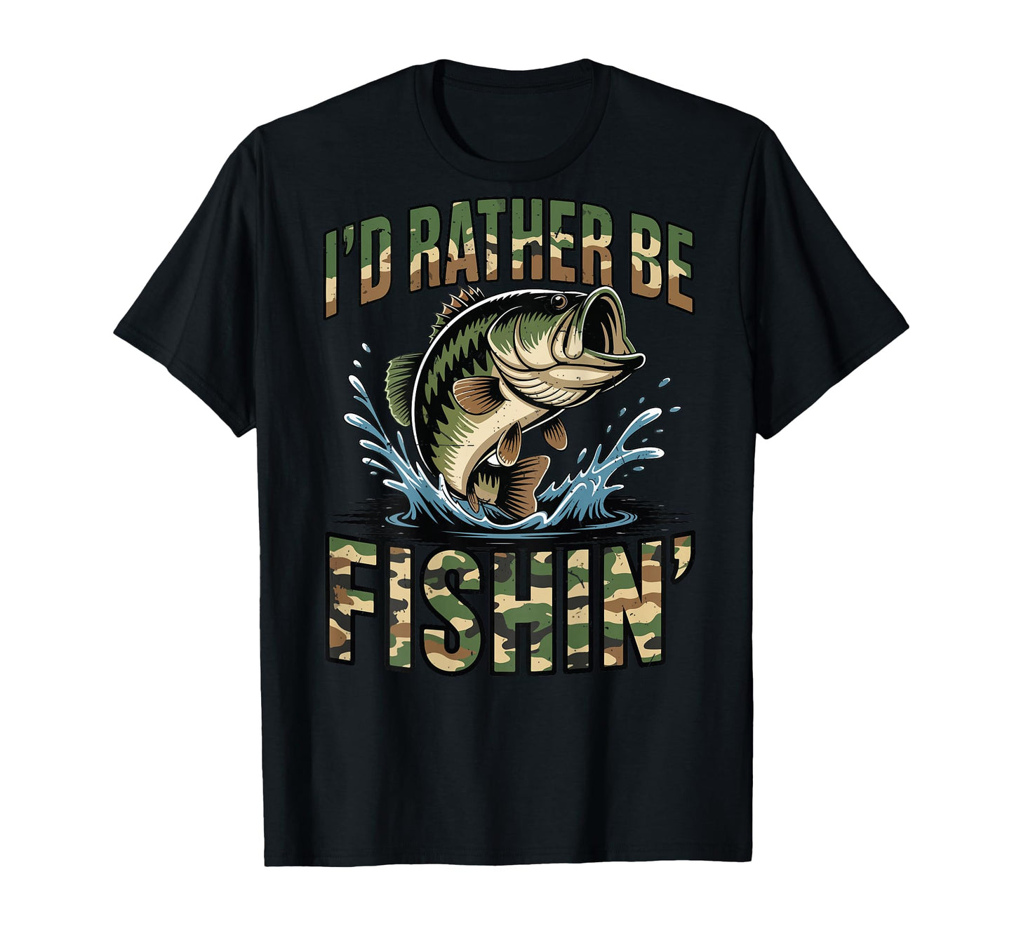 Youth Id Rather Be Fishing Camo Old School Bass Fish Funny T-Shirt