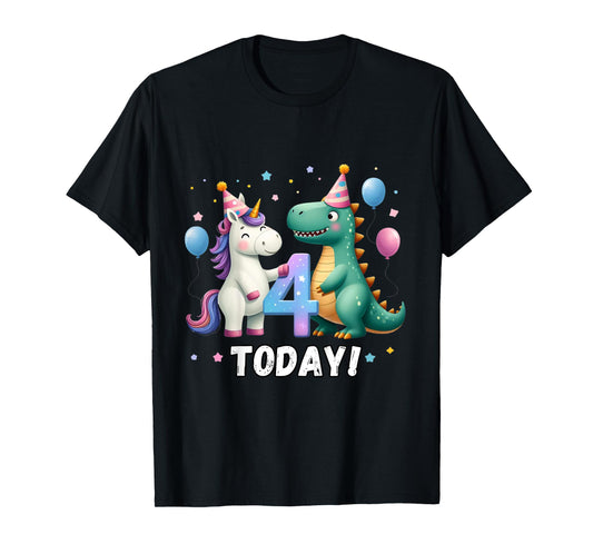 Kids Twin 4th Birthday Top for Twins Unicorn Dinosaur Girl Boy 4 T-Shirt