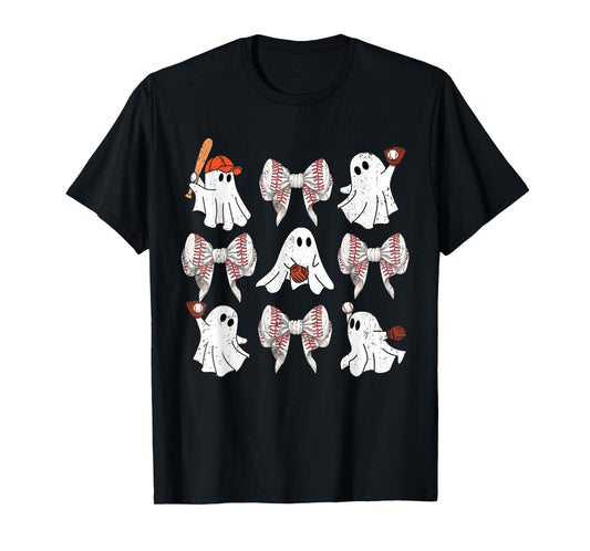 Baseball Player Halloween Bow Coquette Ghost Halloween Tee T-Shirt
