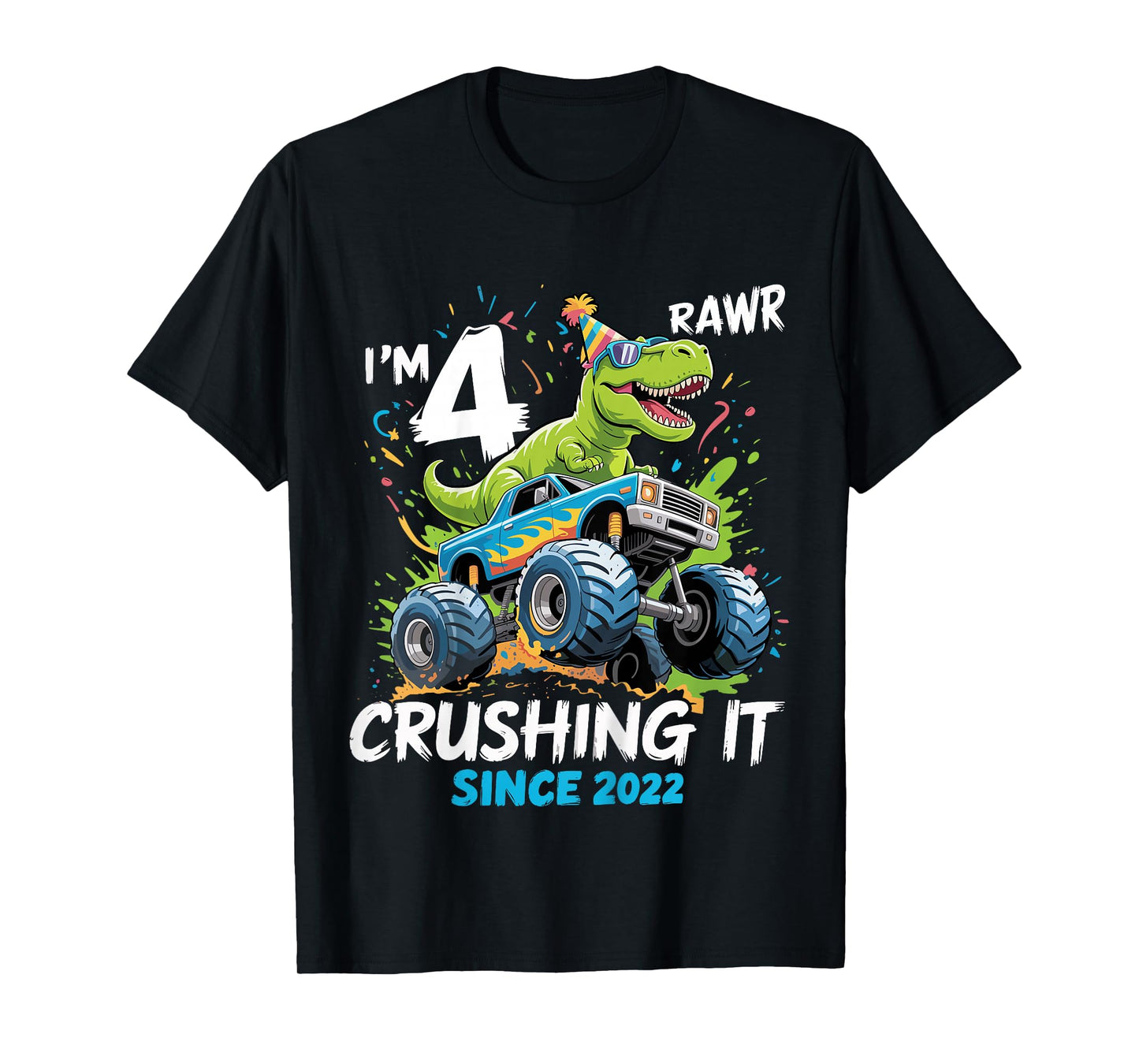 Kids 4th Birthday Monster Truck Dinosaur 4 Year Old boy Born 2022 T-Shirt