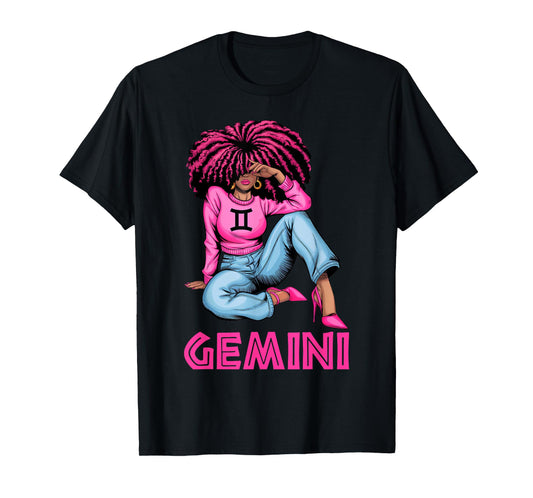 Afro Woman Black Girl Astrology Zodiac Gemini Queen T-Shirt