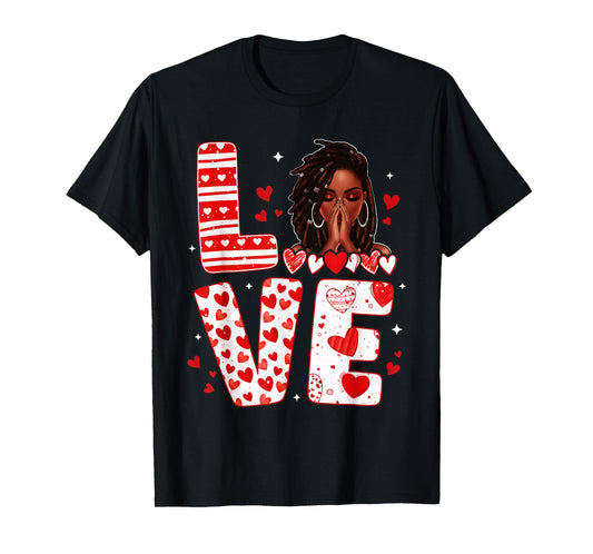 Love Afro Woman Praying Valentine Heart Black Women Girls T-Shirt