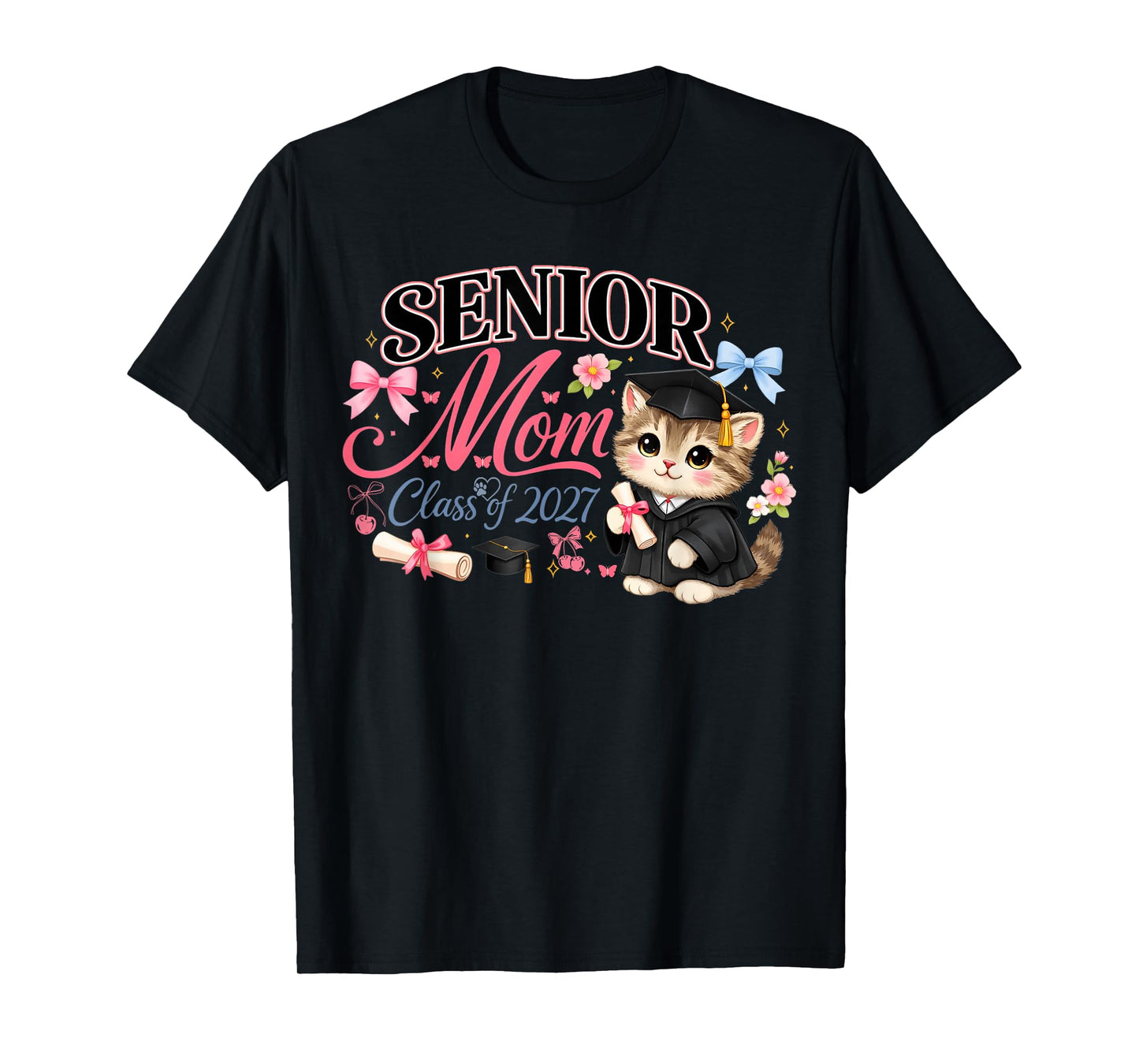 Senior Mom Class of 2027 Cute Cat Graduation Pink Bows Girls T-Shirt