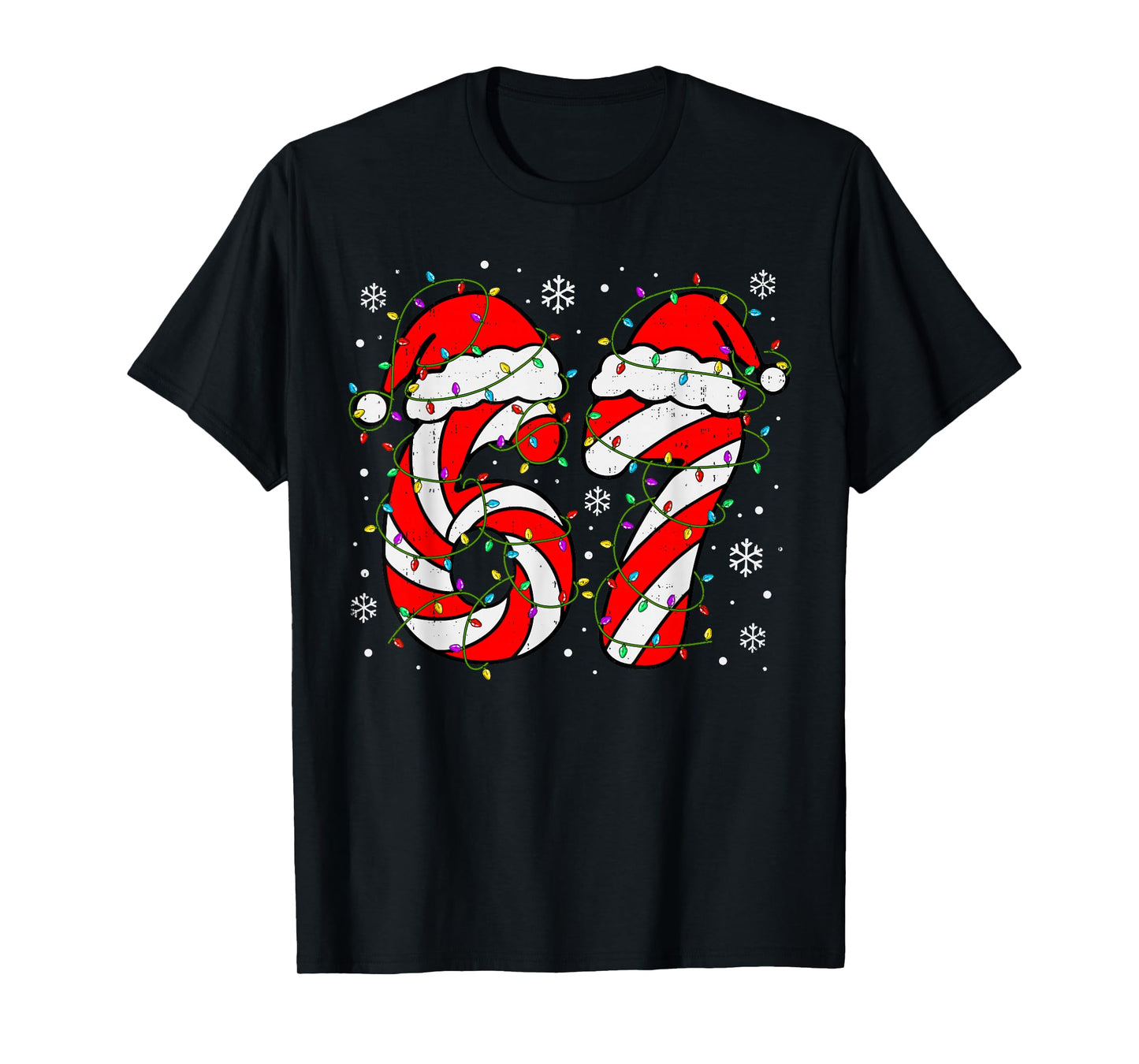 Christmas 67 Candy Cane Six Seven Meme Lights Santa Hat Xmas T-Shirt