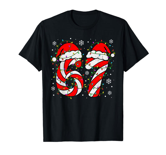 Christmas 67 Candy Cane Six Seven Meme Lights Santa Hat Xmas T-Shirt