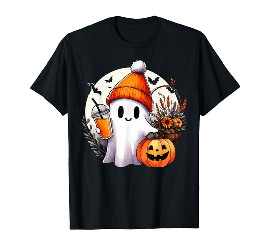 Groovy Ghost Drinking Coffee Halloween Ghost Coffee Lover T-Shirt