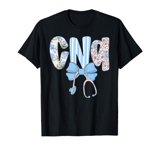 Coquette CNA Nurse Blue Floral Stethoscope Bow Cute Nurse T-Shirt