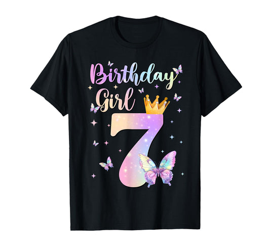 Birthday Girl 7 Year Old Butterfly Theme Party 7th Bday Kids T-Shirt