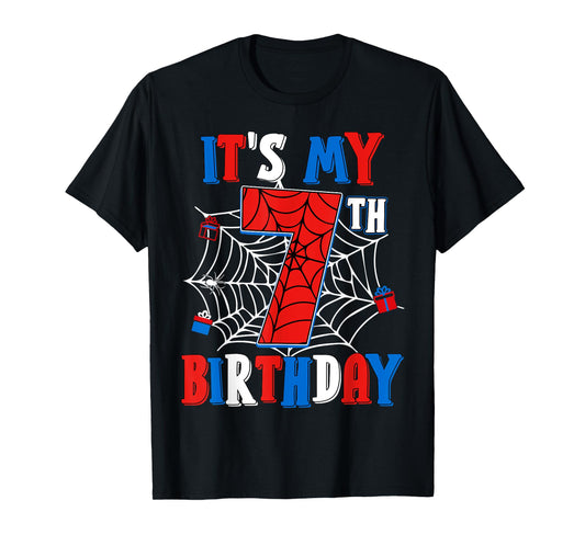 Birthday Boy Kid It's My 7th Birthday Spider Web 7 Year Old T-Shirt