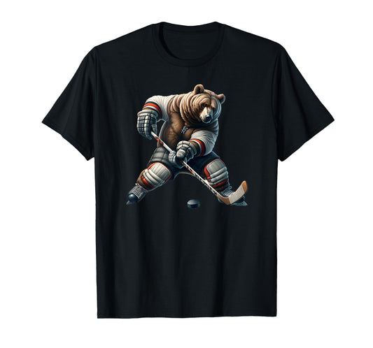 Cute Bear Playing Hockey For Bear And Hockey Lover T-Shirt