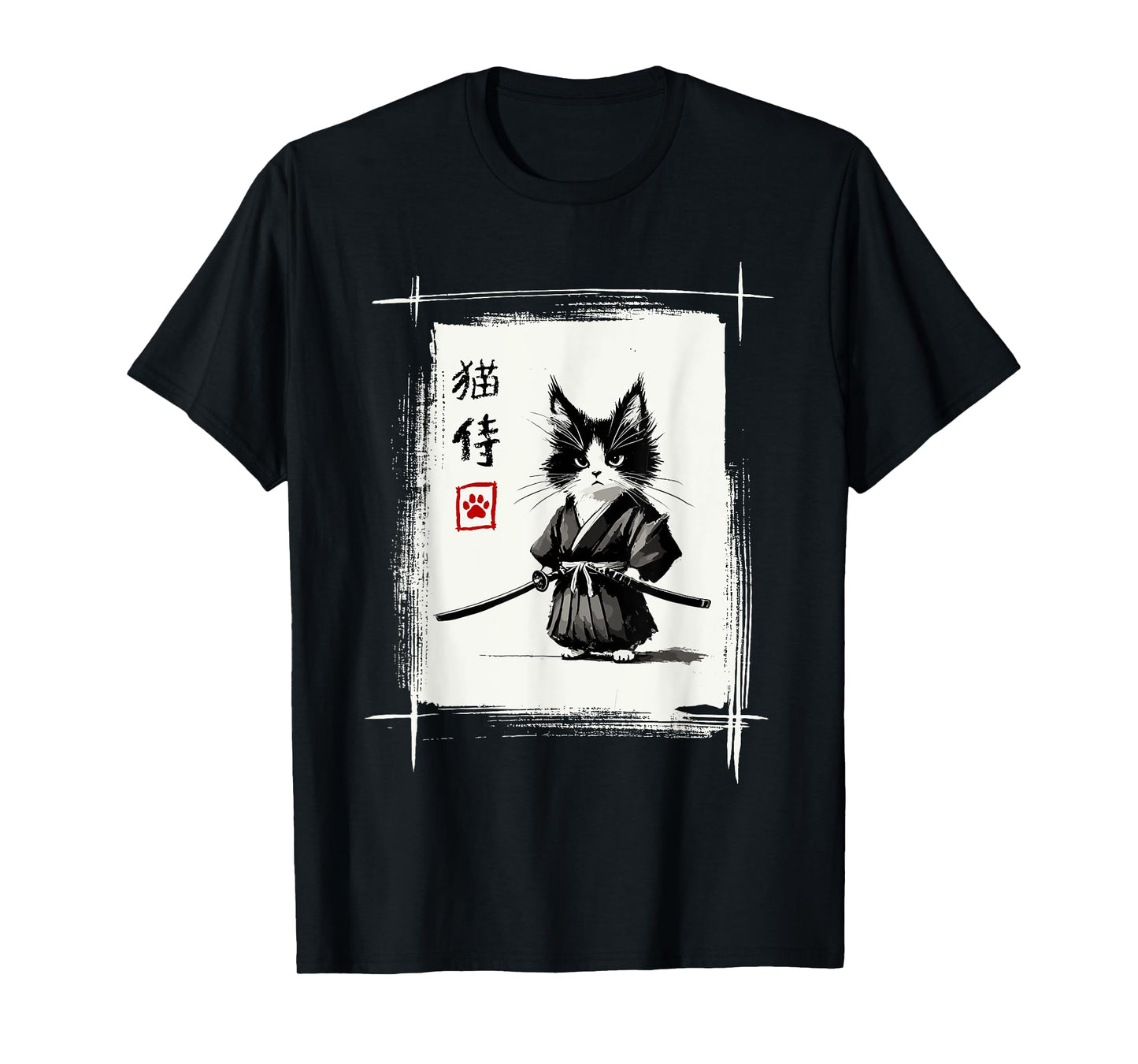 Samurai Cat Japanese Art Sumi-e Novelty Kawaii Funny Cat Men Women Girls Kids T-Shirt
