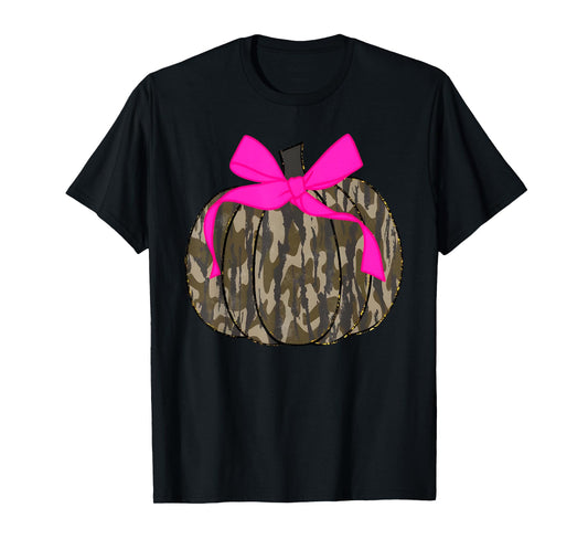 Camo Pumpkin Pink Coquette Bow Thanksgiving T-Shirt