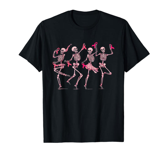 Skeleton Dancing Pink Ribbon Breast Cancer Awareness Support T-Shirt