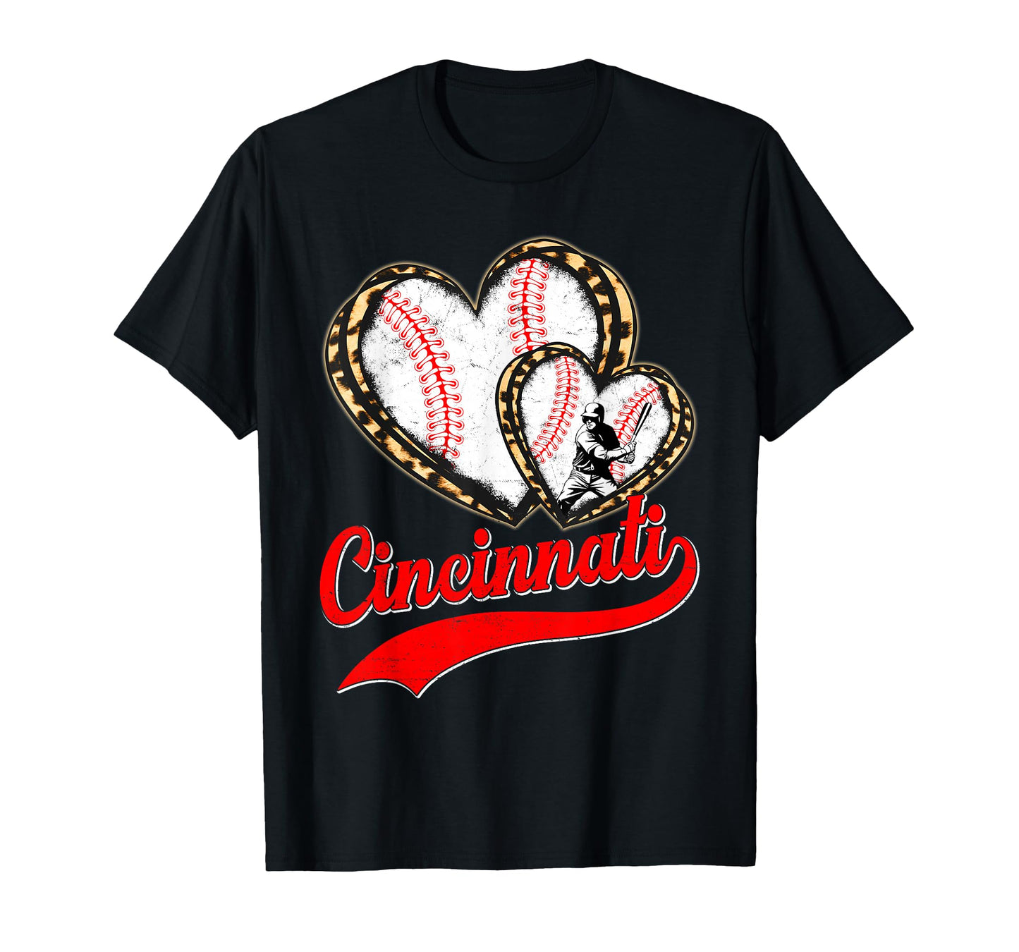 Vintage Cincinnati Baseball Leopard Heart Baseball Fans T-Shirt