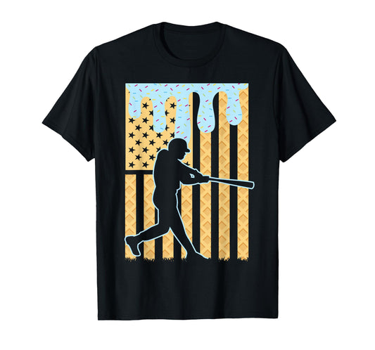 Baseball Drip Boys Dripping Ice Cream Baseball American Flag T-Shirt