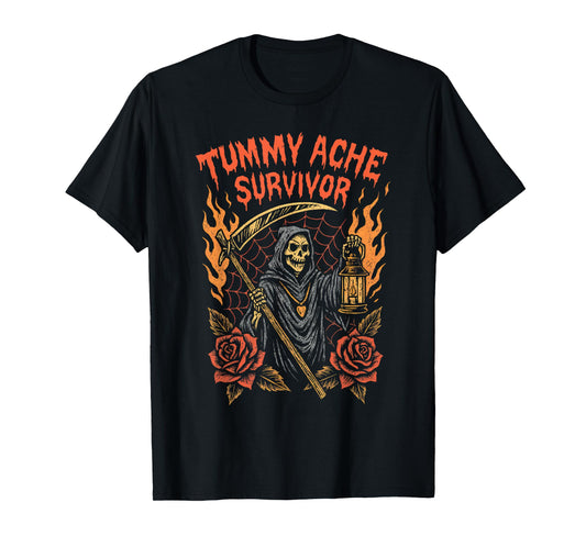 Tummy Ache Survivor Grim Reaper My Tummy Hurts Stomach Ache T-Shirt