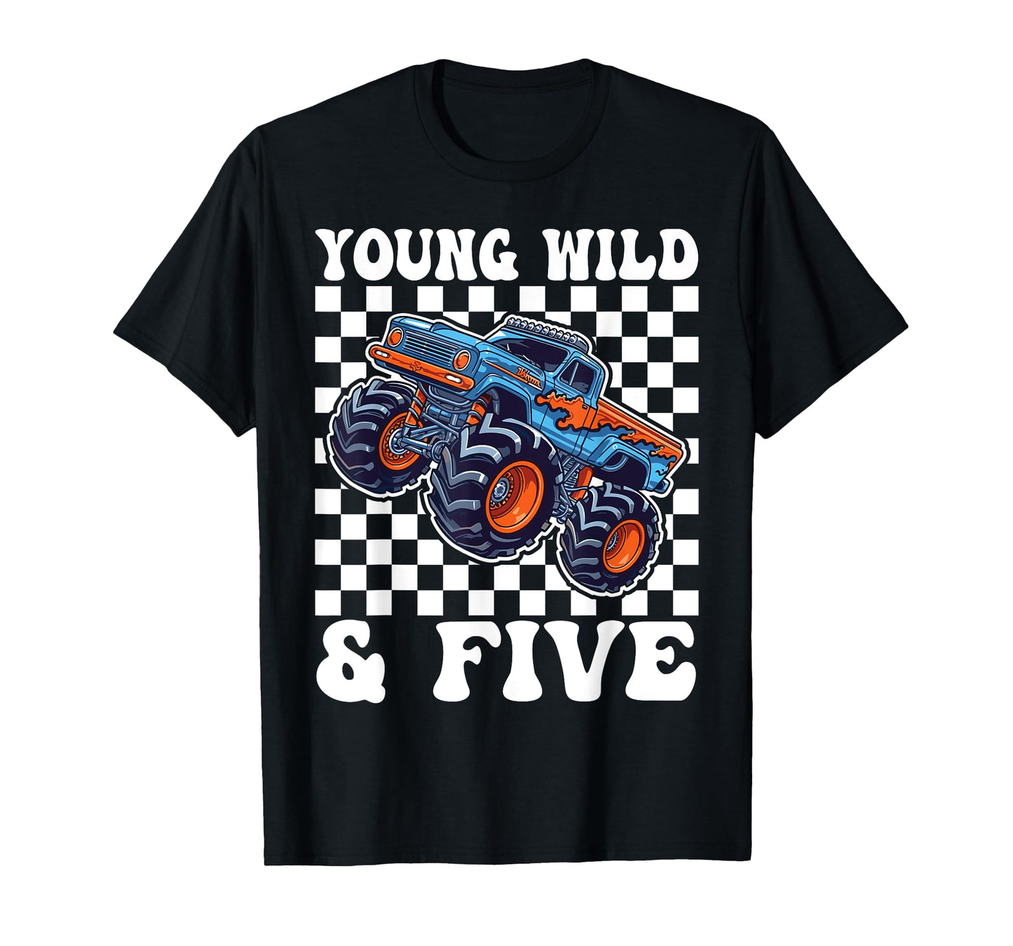 Kids 5th Birthday Monster Truck Young Wild and Five 5 Year T-Shirt