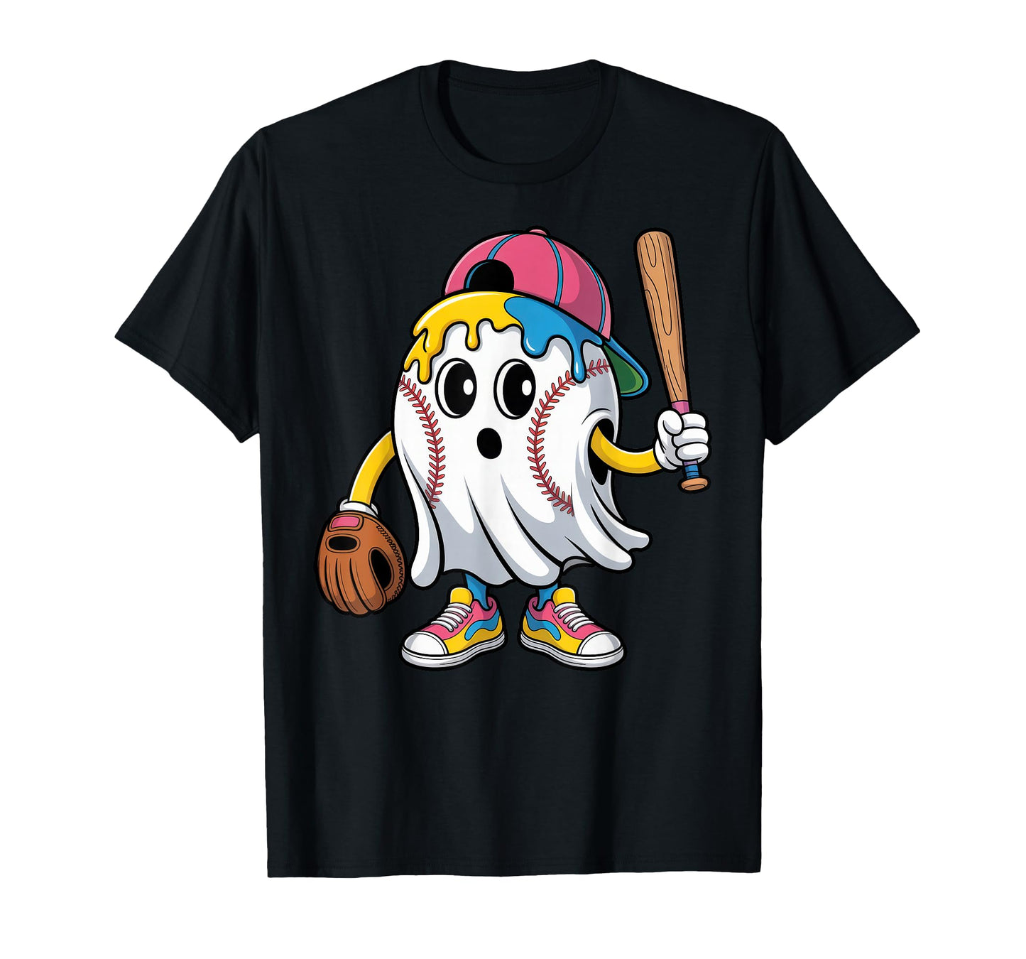 Ice Cream Drip Ghost Baseball Spots Baseball Funny Halloween T-Shirt
