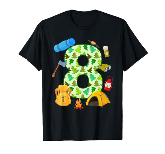 8th Birthday Camping Theme 8 Year Old Birthday Kids T-Shirt
